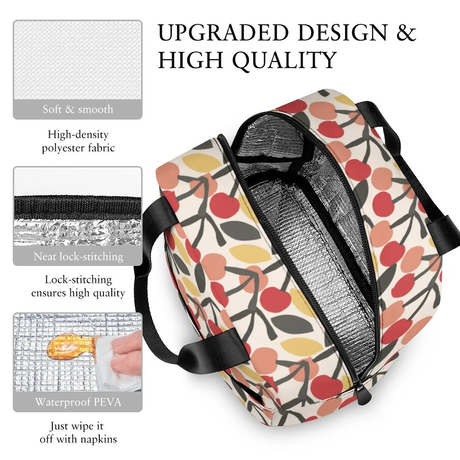 Custom Pattern Tote Lunch Bags for Women Cartoon Cherry Print Portable Meal Bag Picnic Travel Breakfast Box Office Work School