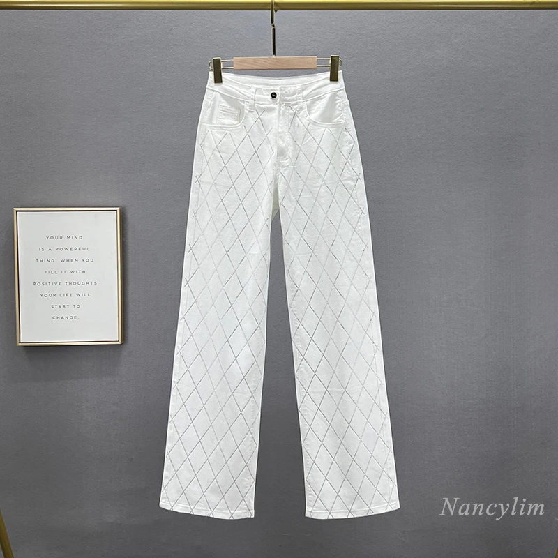 Rhinestone Denim Wide-Leg Pants for Women 2024 Spring and Summer New High Waist Loose and Slimming European Mop Trousers Jeans