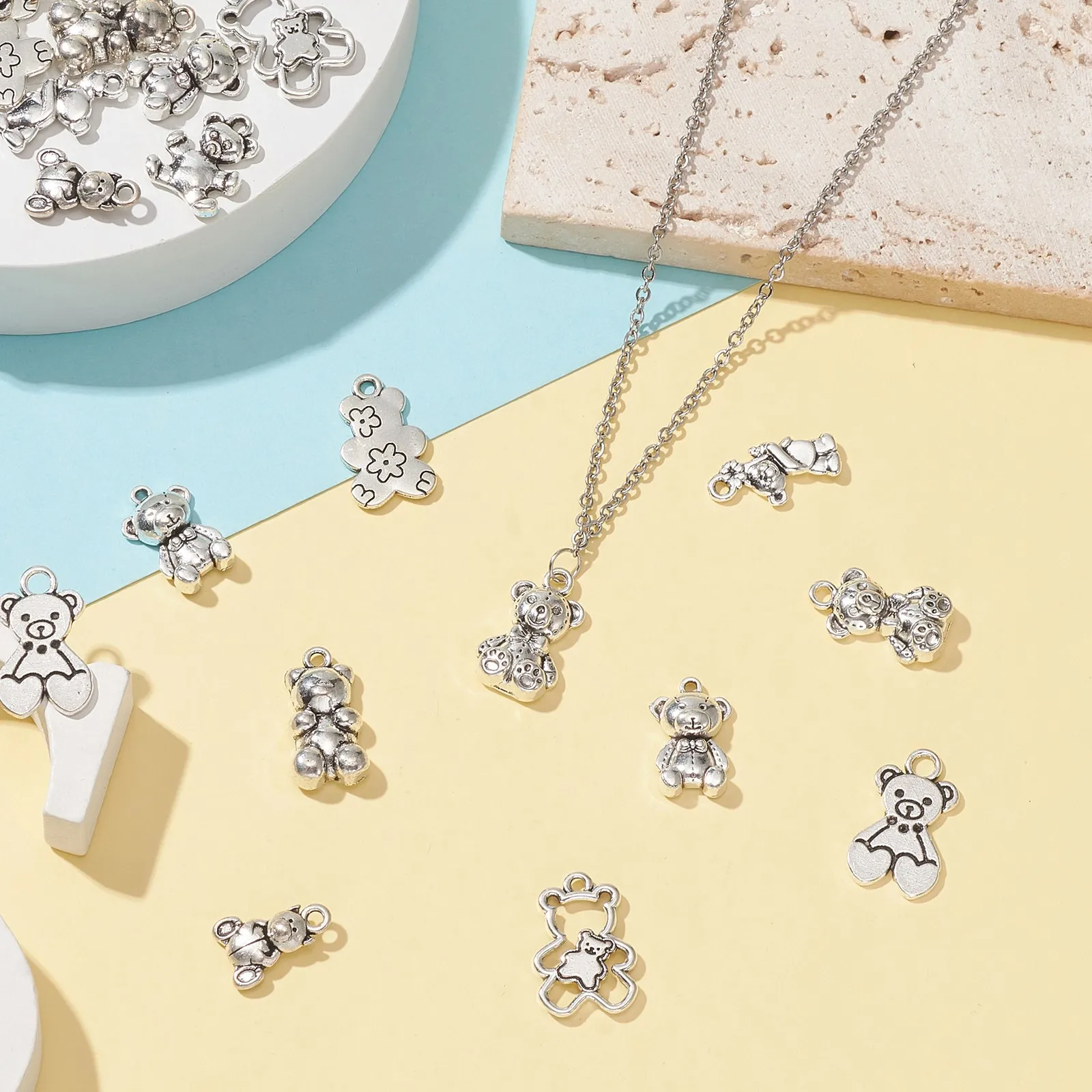 100Pcs 10 Styles Tibetan Animal Bear Charms Antique Silver Cute Baby Toy Bear Charms for Jewelry Earrings Making Supplies