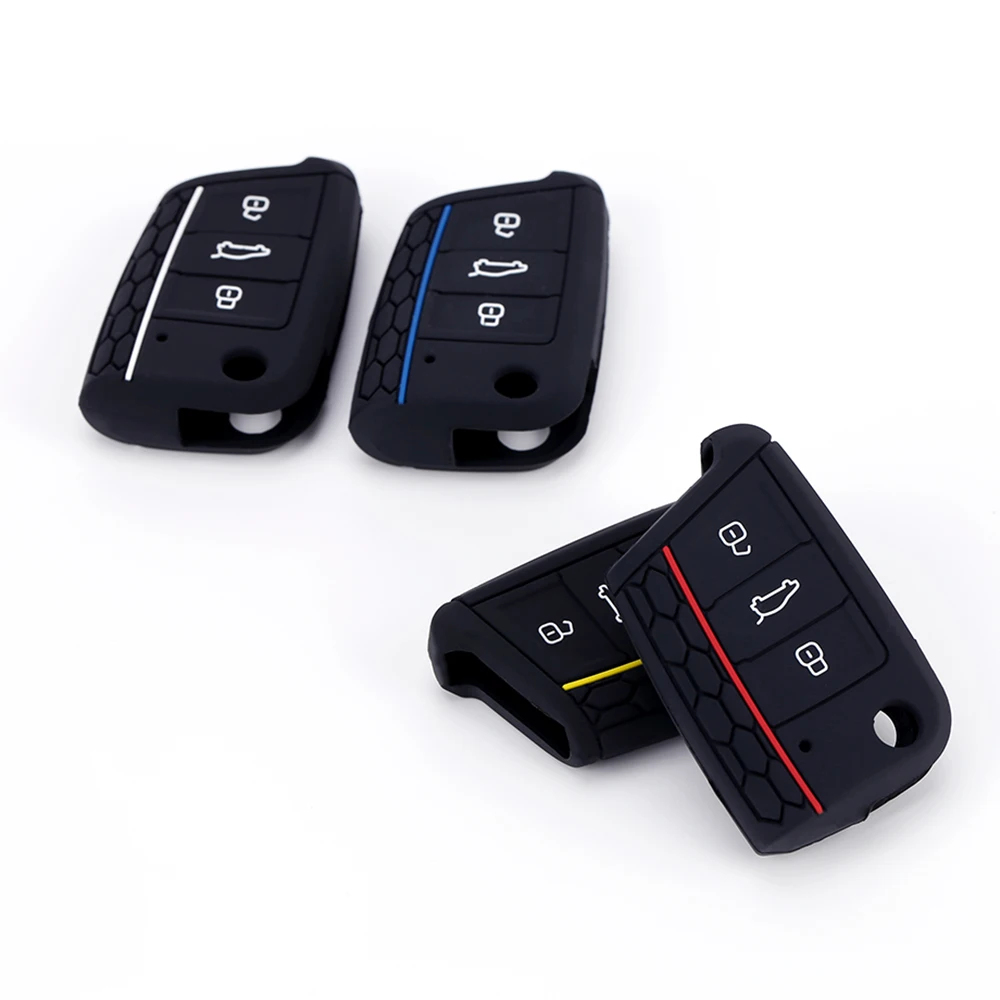 Autoschlüsseletui, Silikonhülle für VW Golf 7 MK7, 3 Tasten, klappbarer Fernbedienungsschlüsselanhänger für Sitz für Skoda, Autozubehör – Detail 3
