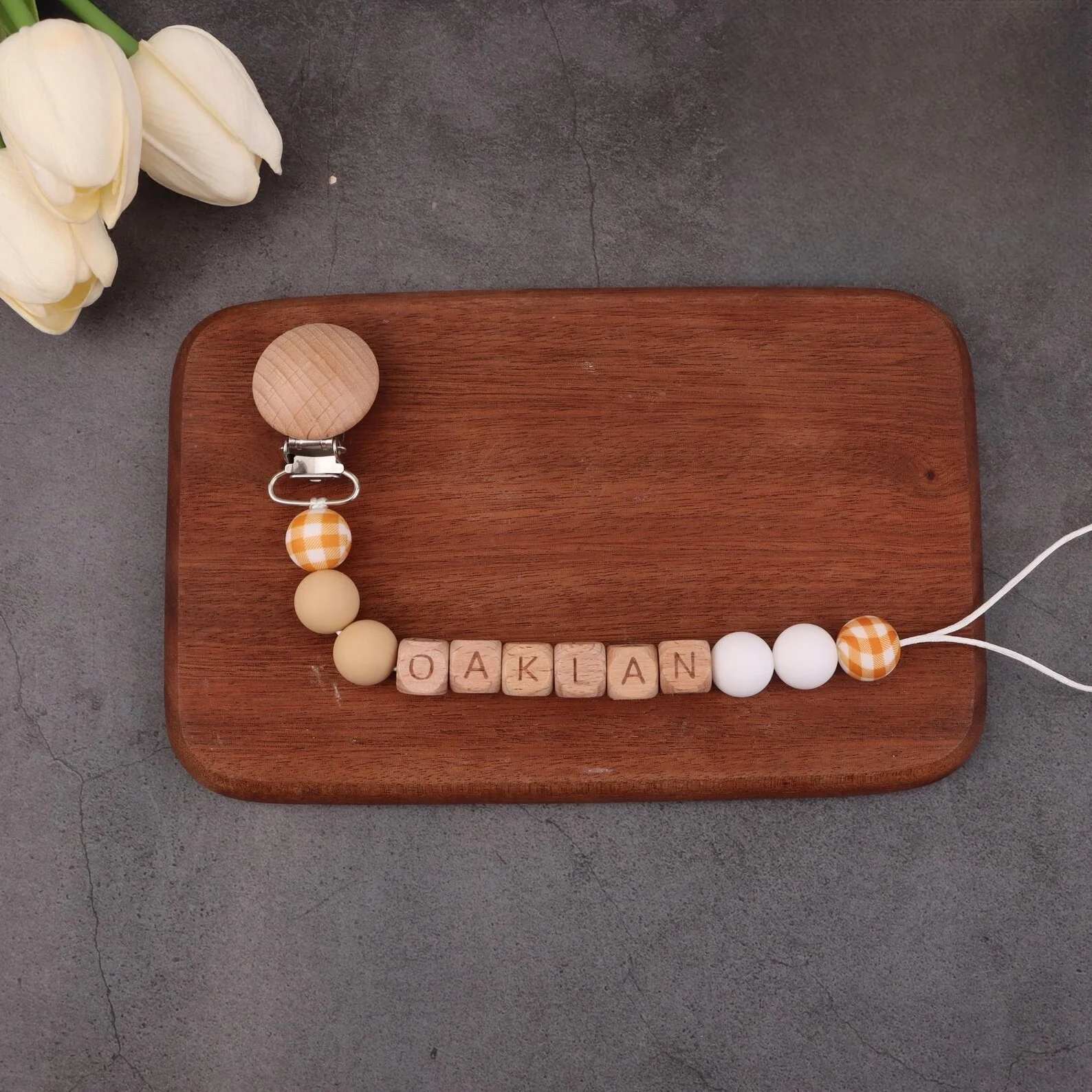 Custom Name Baby Pacifier Leash - Wooden Beads & Colorful Accents, Unique Soother Chain, Baby Essentials