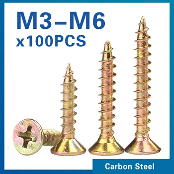 100pcs/lot M3 M3.5 M4 M5 M6 Zinc Coated Cross Recessed Countersunk fibreboard Chipboard Flat Head Self Tapping Wood Screw