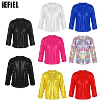 Kids Boys Girls Sequins Dance T-shirts Top Shiny Long Sleeve Solid Color Top for Jazz Dancewear Stage Performance Costume 1