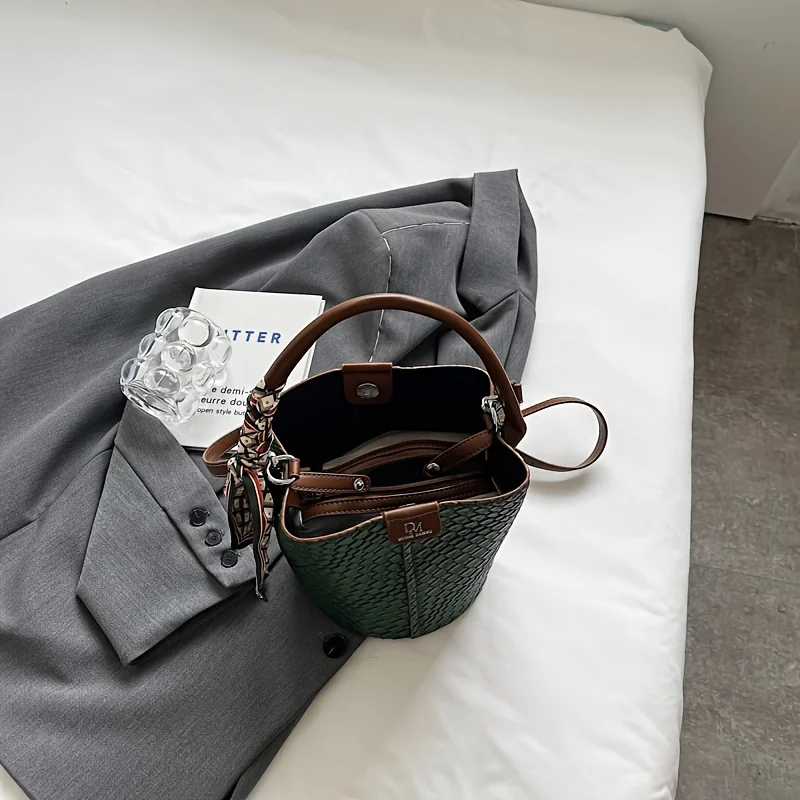Fashionable Women's Bucket Bag, Stylish Solid Color Woven Effect Handbag Shoulder Bag and Crossbody Bag, Can Be Carried By Hand