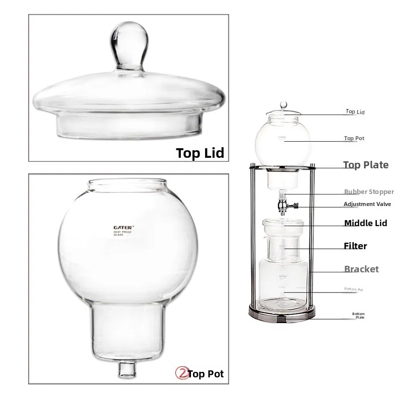 GATER Glass Ice Drip Coffee Pot Accories BD6 Upper Pot Middle Cover Lower Pot Ice Drip Accories Coffee Brewing Tools