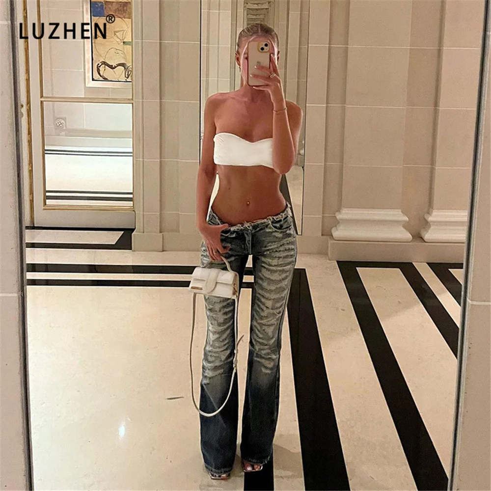 

SFSIERFI Casual Ripped Hole Jeans Women Streetwear Korean Fashion Low Rise Jeans Skinny Trousers Y2K Stacked Denim Pants 2023