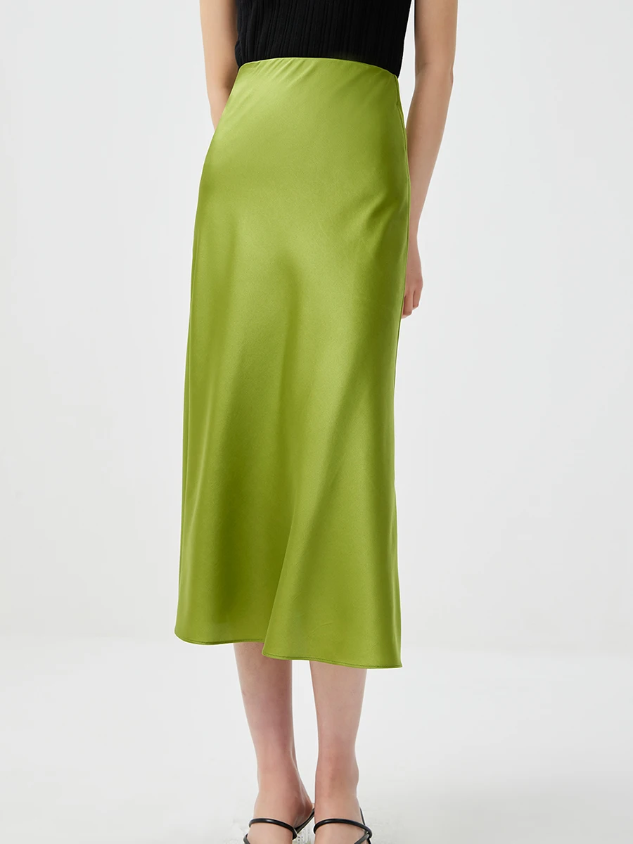 

Satin Solid Slim Midi Skirt Women 2023 New High Waist Fashion Elegant A-line Faldas Bottom Female Vintage Chic Long Skirts