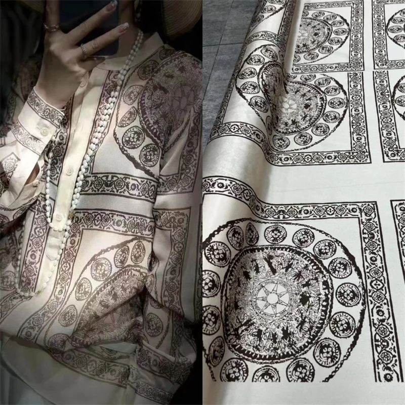 

The New Line of H Family Beige Bottom Coffee Check Print Twill Stretch Silk Fabric Positioning Flower Shirt Satin Fabric Sewing