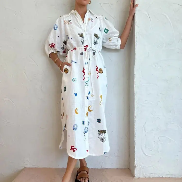 Elegant Casual Lapel Graffiti Print Shirt Dress Women Lace-up Single Breasted Commute Long Dress Fashion A-Line Cardigan Dresses