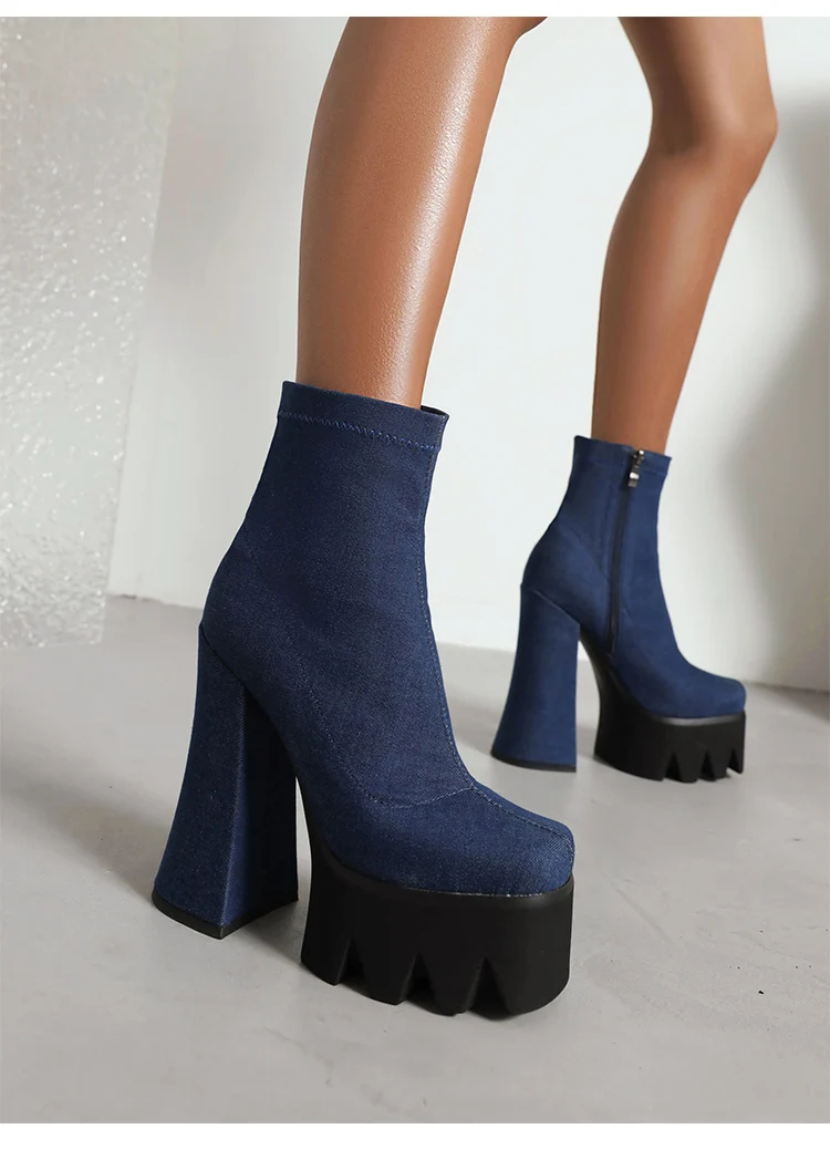 High Platform Hollow Heel Fashion Short Boots Elastic PU Super High Thick Heel Plush Inner Lining Nightclub Trend Women's Boots