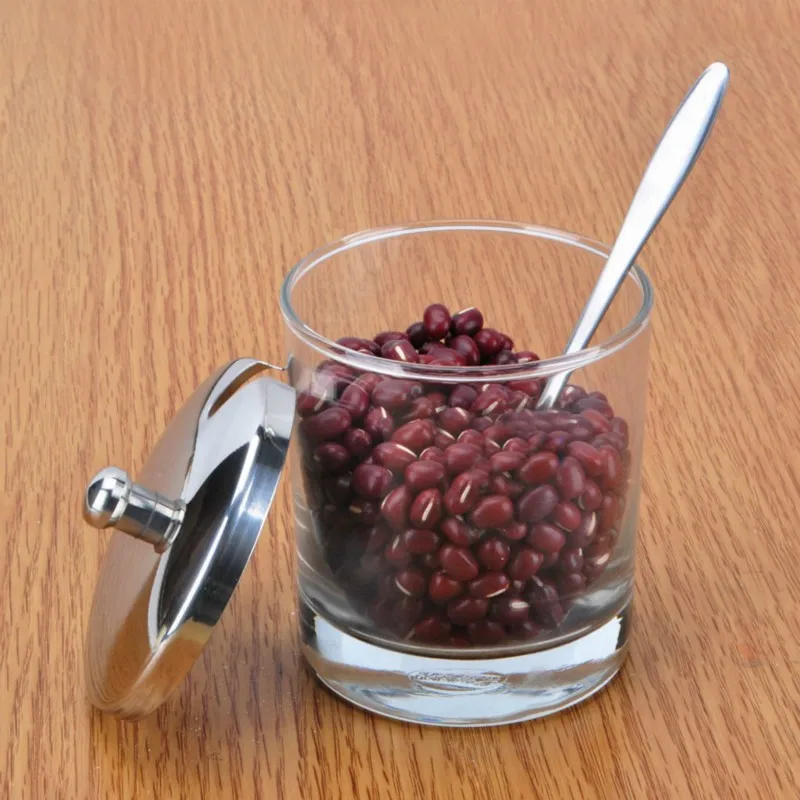 Kitchen Sugar Pots Transparent Stainless Steel Glass Spice Pepper Salt Shakers Storage Bottle With Spoon sugar bowl