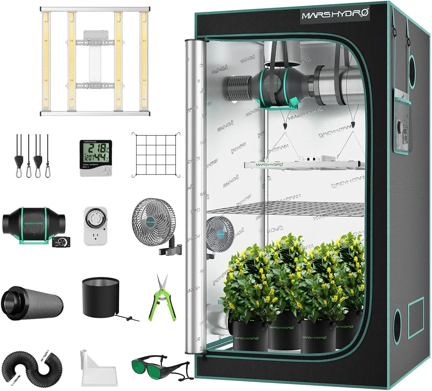 3x3 Smart Grow Tent Kit Complete System FC-E3000 APP Control Led Grow Light 1184Pcs LED 1680D High Reflective Mylar Tent