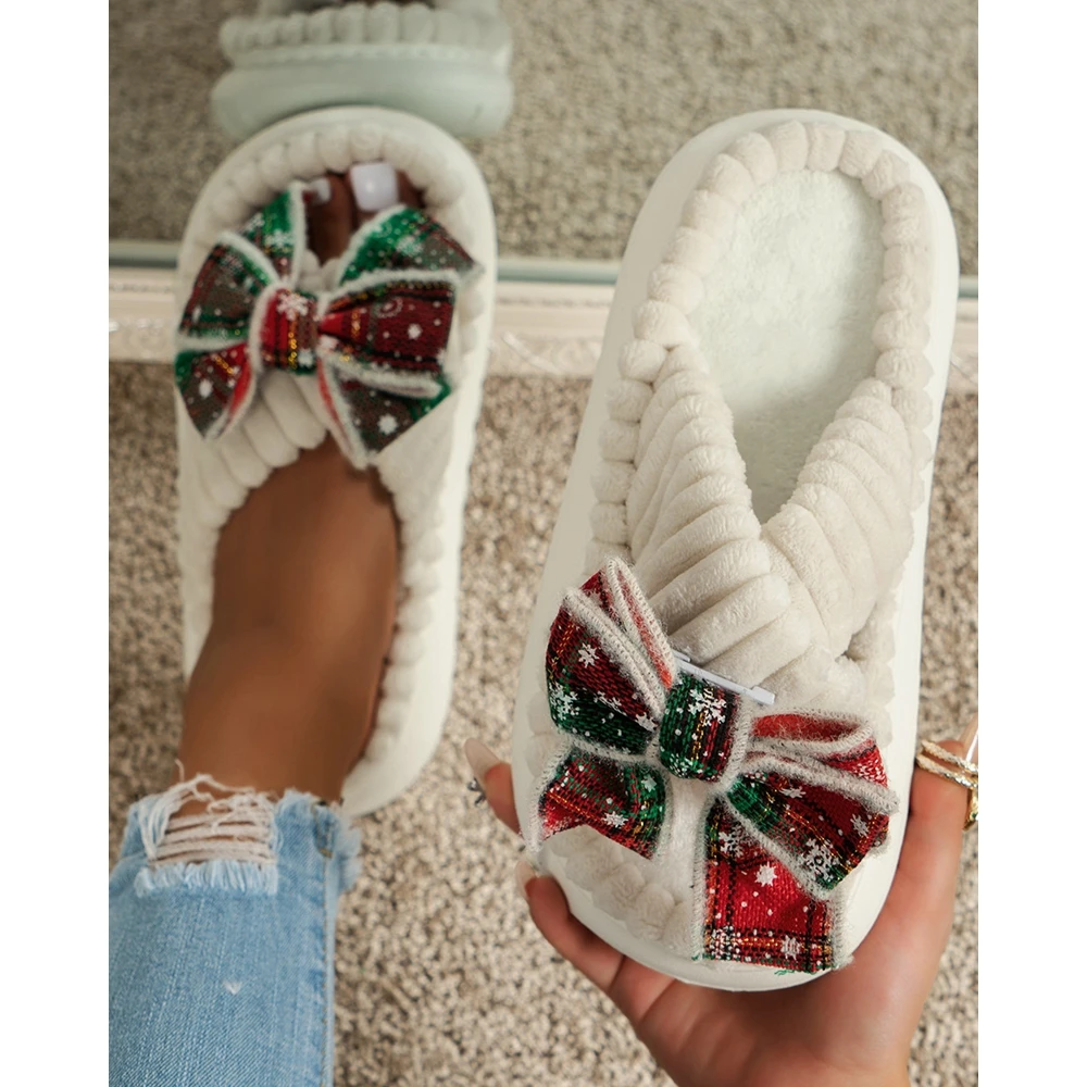 

Winter Women Christmas Plaid Bowknot Slippers Non-Slip Fuzzy Flat with Casual Slippers New Style Femme Indoor Homewear Shoes