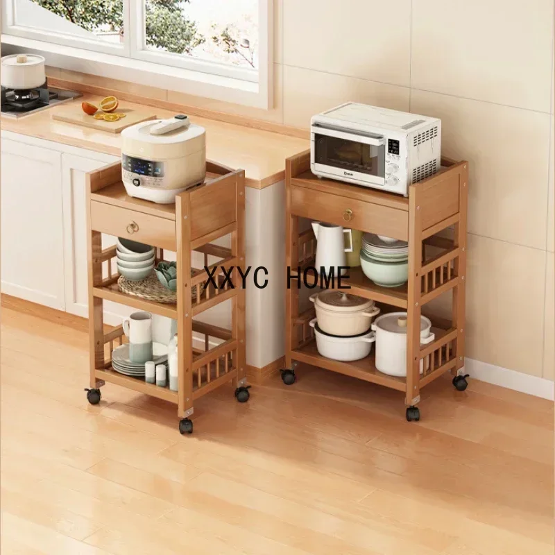 Multi-functional Storage Cart Multilayer Drawer Microwave Oven Rack Natural Bamboo Storage Rack Mobile Pulley Kitchen Furniture