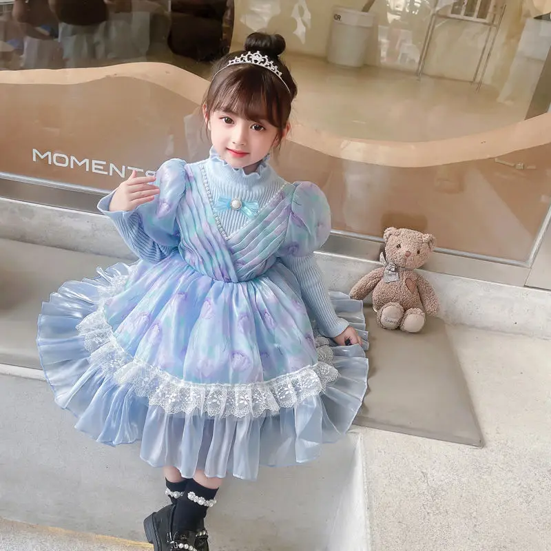 Girls' Spring and Autumn Lolita Velvet Padded Dress New Children's Knitted Birthday