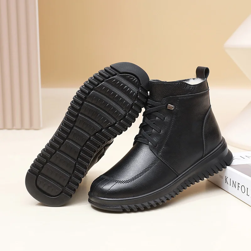 High Quality Genuine Leather Lace-up Women Ankle Boots Female Thick Plush Warm Snow Boots Mother Waterproof Non-slip Booties