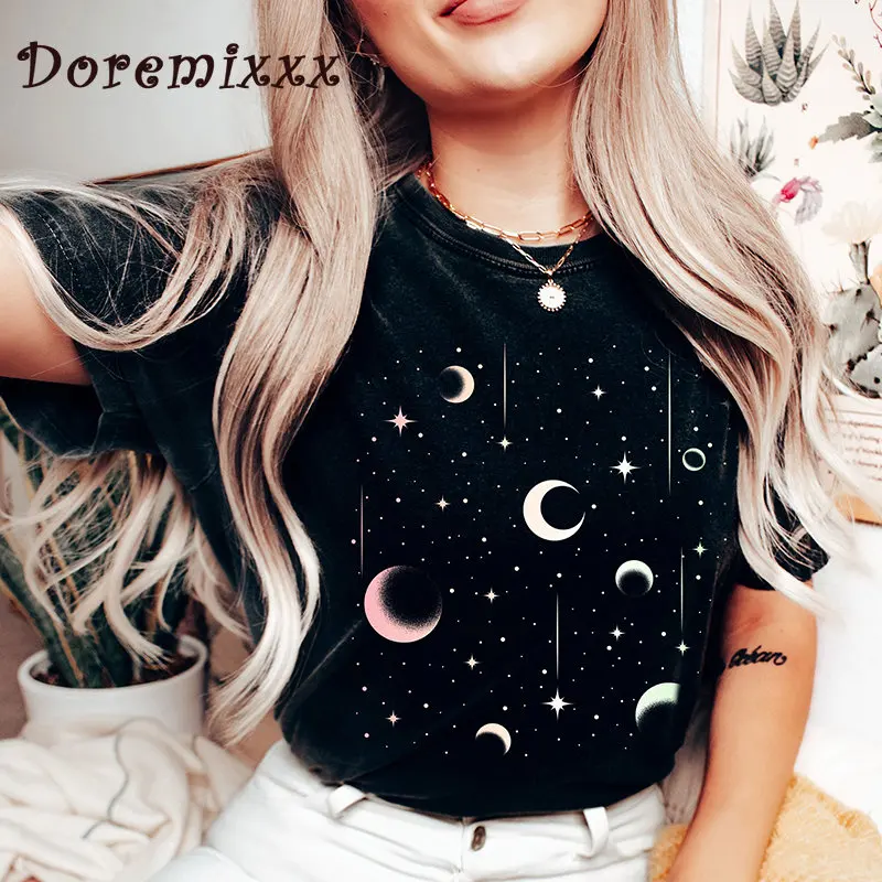 

Spiritual Astrology Garment Dyed Moon Washed T-shirt for Women Harajuku Tops Y2k Streetwear