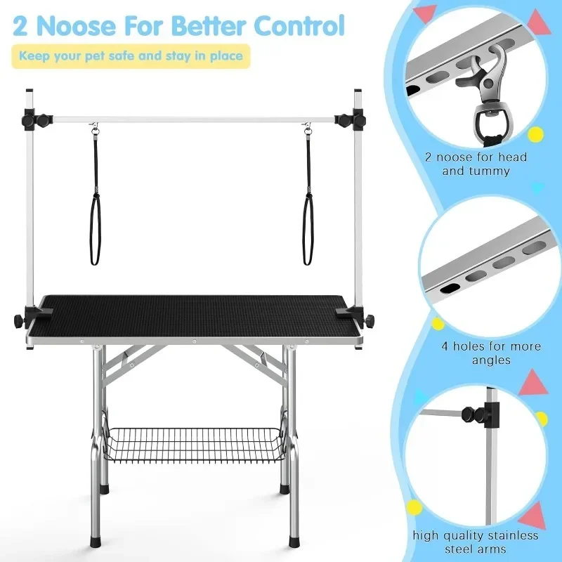 46''Large Dog Grooming Table, Adjustable Cat Drying Desktop with Arms, Nooses, Mesh Tray, Foldable Pet Station at Home 3