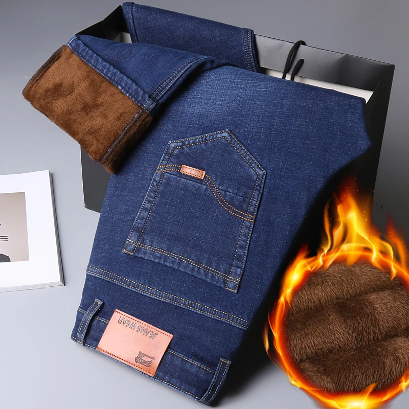 Classic Casual Winter Men's Straight Jeans Fleece Thick Warm Fit Cotton Stretch Mid High Waist Trousers