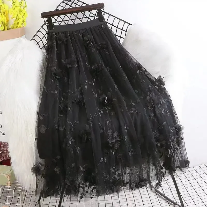 Floral Embroidery A Line Tulle Skirts 2024 Elegant High