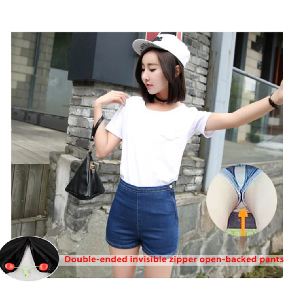 High Waist Denim Shorts Women's Elastic Sexy Open Crotch Double Head Invisible Zipper Pants Tight Fashion Women Jeans Sex Pants sexy smooth tight high elastic soft see through bodysuit adult club dance rompers zipper open crotch oil glossy jumpsuits women