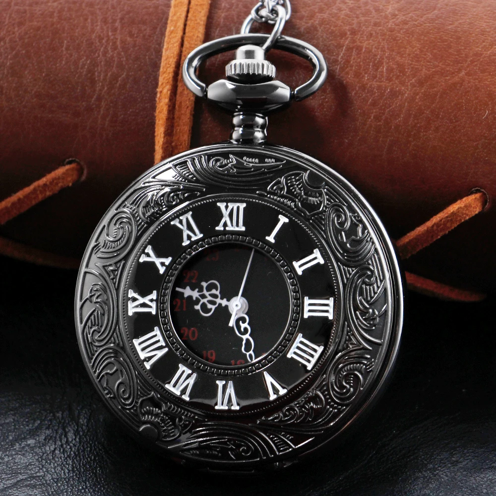 Černá doslovný římský digitální křemen kapsa hodinky vysoký kvalita unisex řetízek chronograf přívěsek pánské a dámská kapsa hodinky