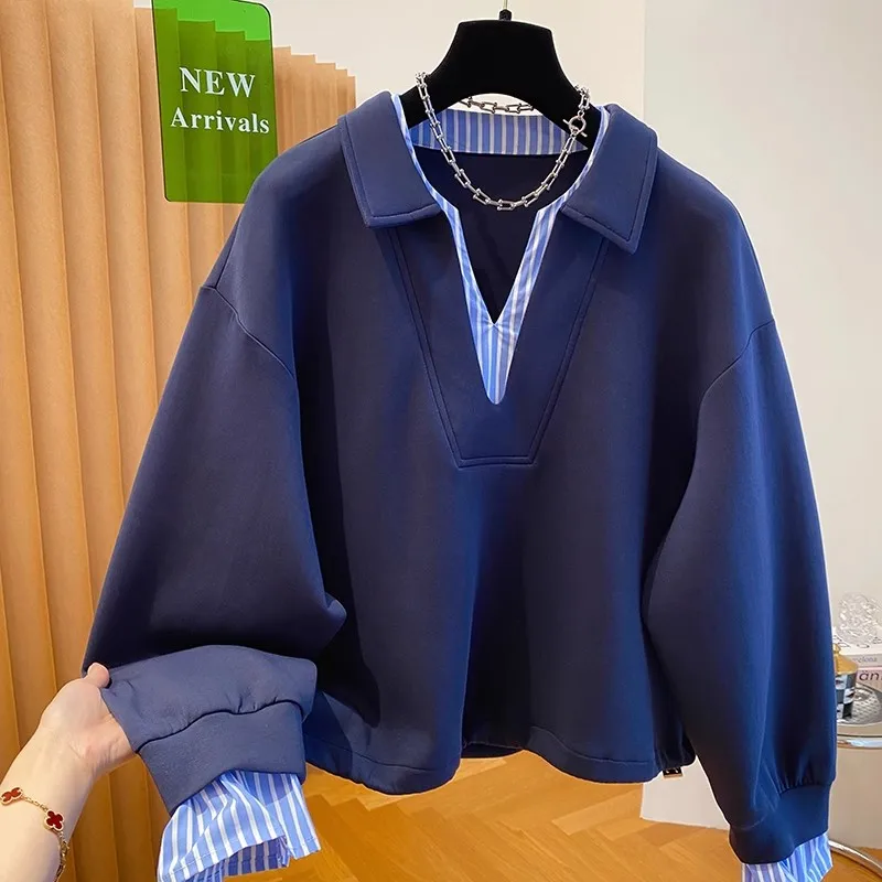 المرأة فضفاضة هوديي موضة المتضخم هوديس عادية تنوعا كسول نمط طويل الأكمام البلوز الخريف الشتاء وهمية قطعتين