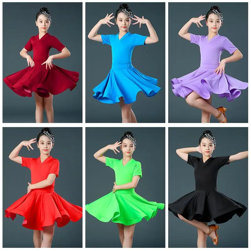 

Kids Velvet Latin Dance Dress For Girls Child Competition Ballroom Tango Salsa Dancewear Practice Dancing Wear Cha Cha V-Neck