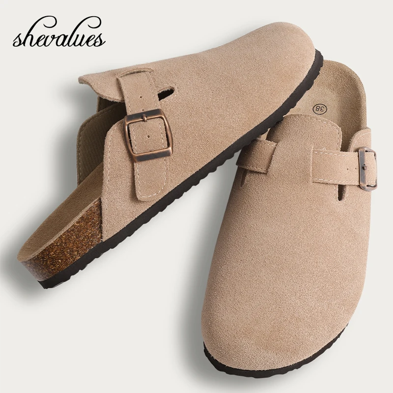 Shevalues Fashion Boston Clogs Women's Suede Mules Slippers Cork Insole