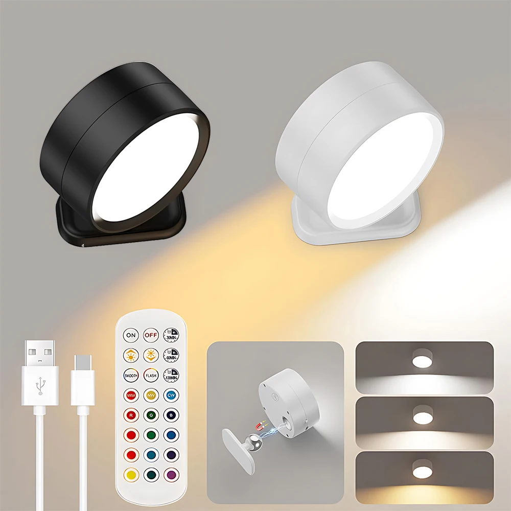 Rechargeable LED Wall Lights Remote Magnetic 360&deg; Rotation Mounted Wall Sconces Lamps 3 Color Dimmable Bedside Reading wall sconces light led wall lamp wall lamp