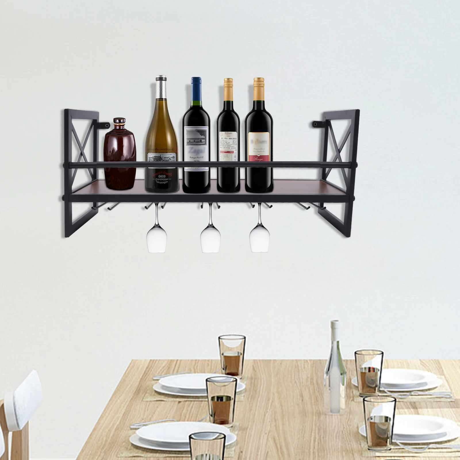 Bar Wine Shelf Wall-Mounted Decor Iron Wine Rack Bottle Champagne Glass Holder Shelves Bar Home Party