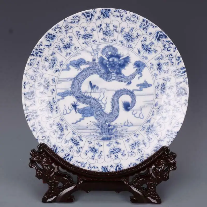 

Chinese Blue and White Porcelain Qing Qianlong Flower Dragon Design Plate 10.2"