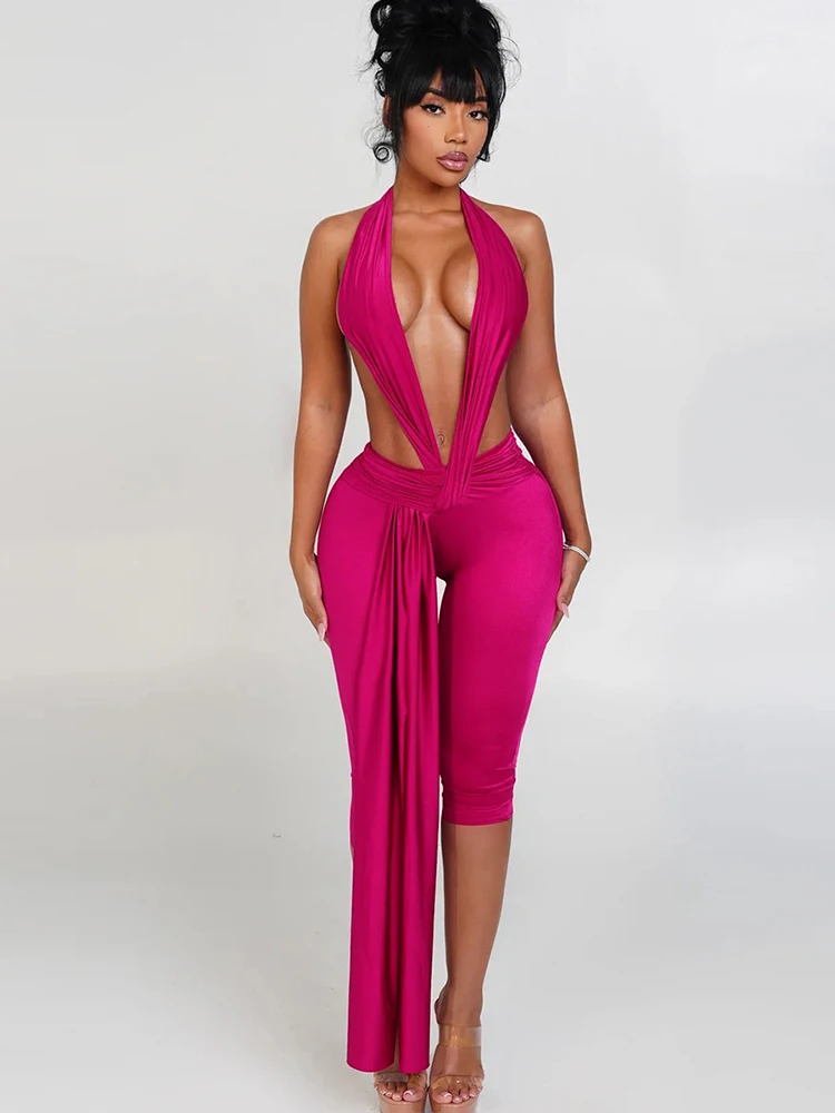 Weird Puss Patchwork Halter Romper Women Ribbon Sleeveless Elastic Backless Workout Activewear Midnight Activity Slim Playsuits 3