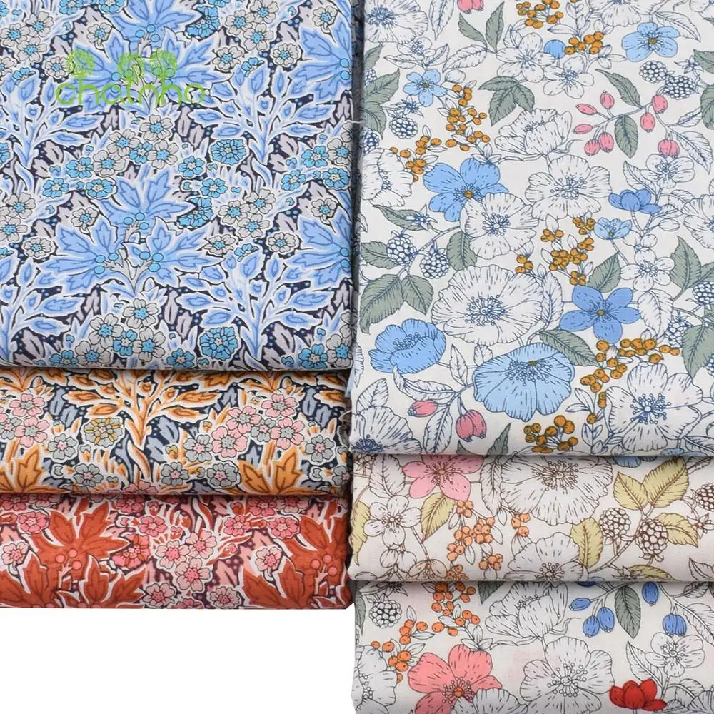 Chainho,Printed Plain Weave Poplin Cotton Fabric,DIY Sewing Quilting Material,Patchwork Cloth,3 Sizes,Floral Series,15PC75