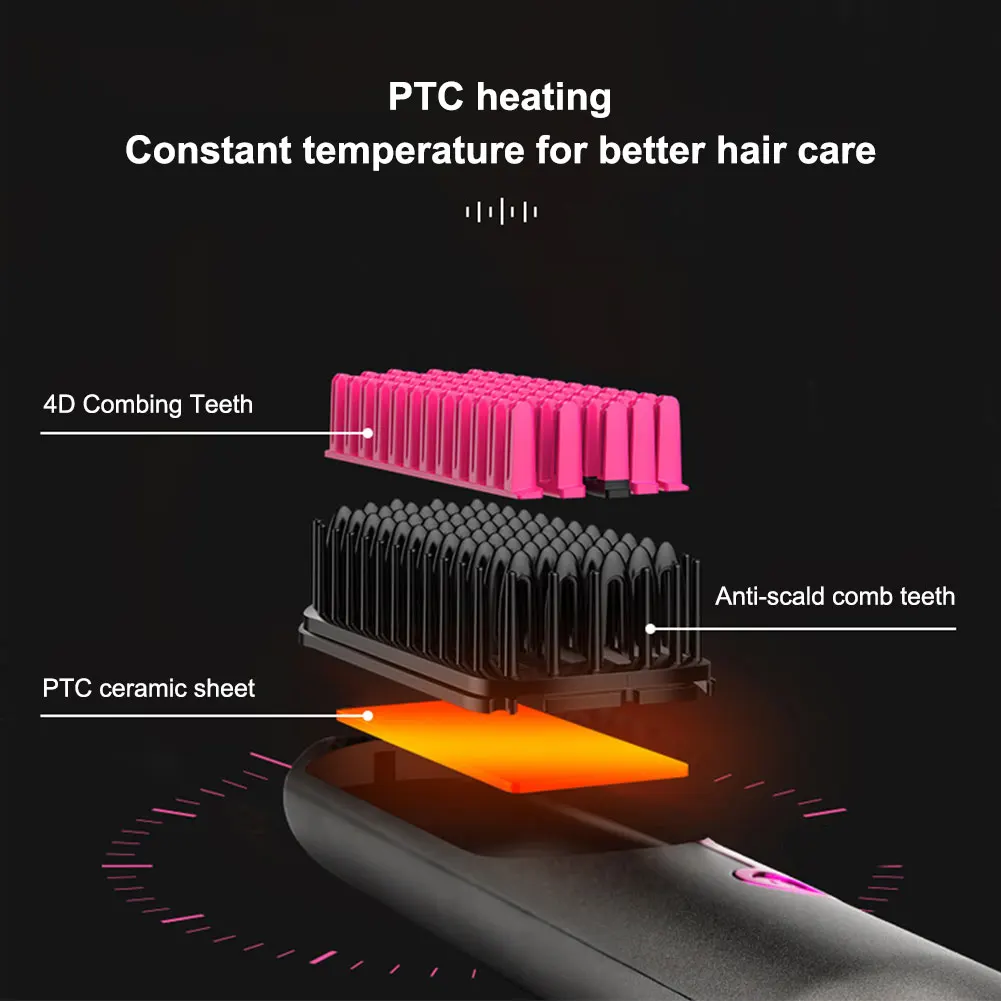 Wireless Hair Straightener USB Charging Wireless Straight Hair Comb 3 Temp Setting Hair Straightening Brush for Hairstyler Salon 6