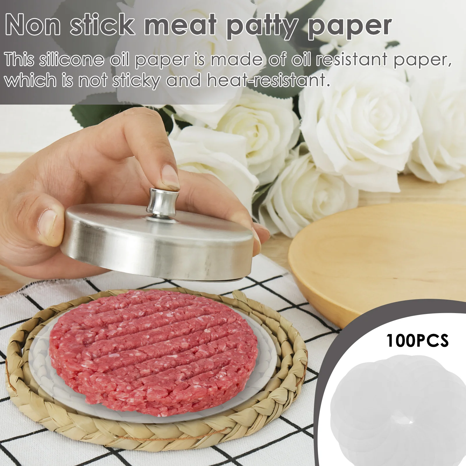 Burger Press with 100 Patty Papers Stainless Steel Hamburger Patty Maker Adjustable Thickness Burger Press Maker Non Stick burger press