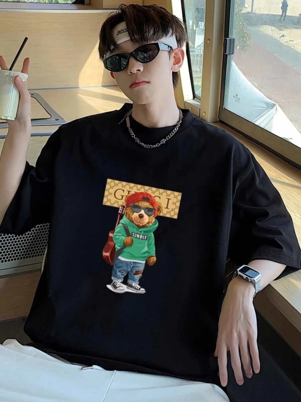Fashion Luxury Brand Collaboration T-shirt with Teddy Bear Print Pattern Pure Cotton Leisure Vacation Harajuku cotton short sleeved shirt