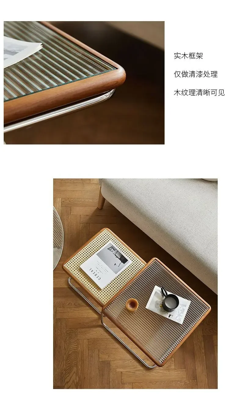 Nordic Medieval Style Stainless Steel Solid Wood Glass Rattan Combination Coffee Table Size Combination Modern Minimalist Style