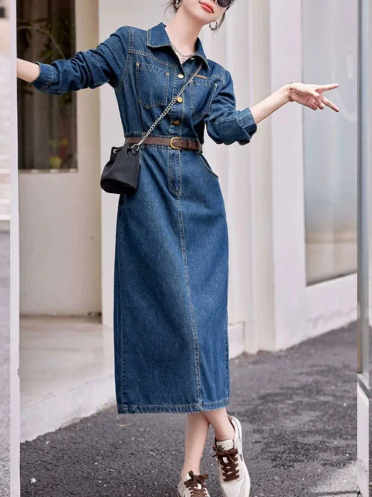Jeans Midi Vestido Jeans Puc Long Dress For Women 2024 Autumn