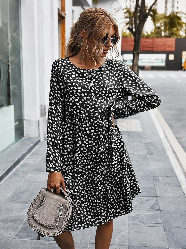 

Msfilia Autumn Winter Print Dress Women Casual Button A Line Loose Knee Length Dress
