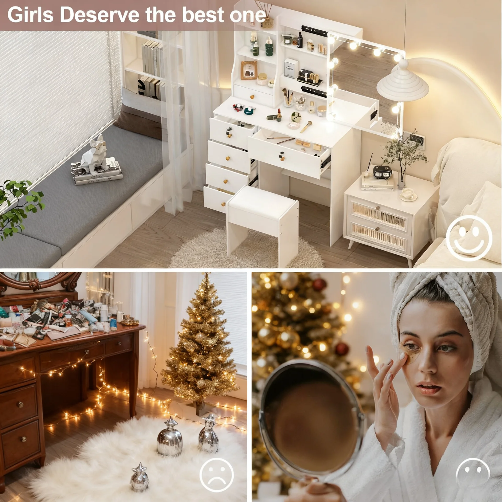 Teousev 10 LED Lighted Vanity Set with Mirror & Stool, 3 Color Modes, 7 Drawers Storage, Easy Install Makeup Dressing Table - 3