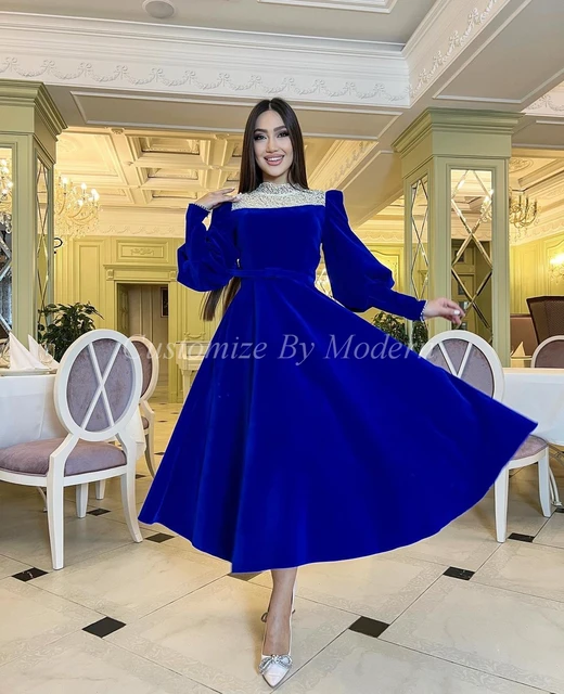 Royal Blue Velvet Long Sleeves Prom Dresses A-line High Neck Ankle Length  Saudi Arabia Women Evening Party Dress - AliExpress