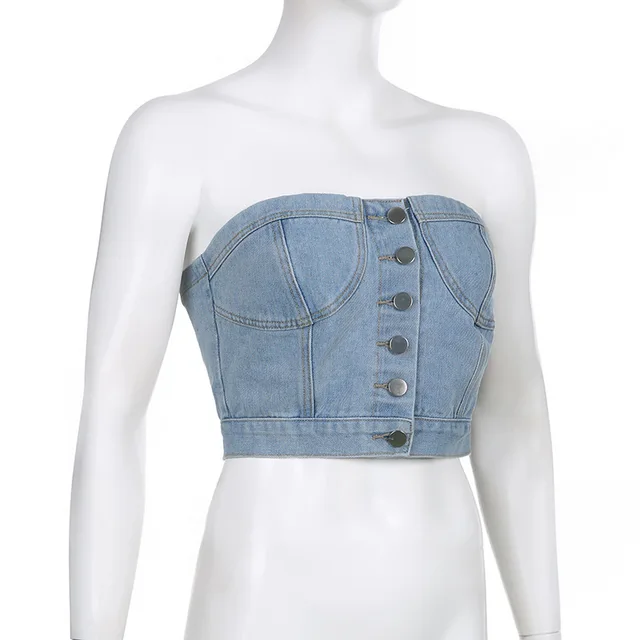 Jyate Women Denim Corset Wrap Chest Tops Fashion Backless Sleeveless Sexy  Button Decoration Summer Casual Sling Tops 2022