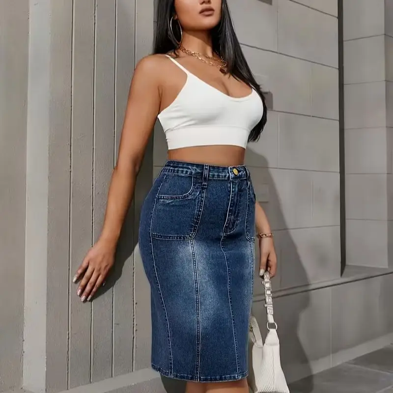 Women's Simple Basic Denim Skirt, High-Waisted, Tummy-Tucking, Butt-Lifting, Slimming, Height-Enhancing, Fashionable and Versatile for All Seasons, Bodycon Skirt 3