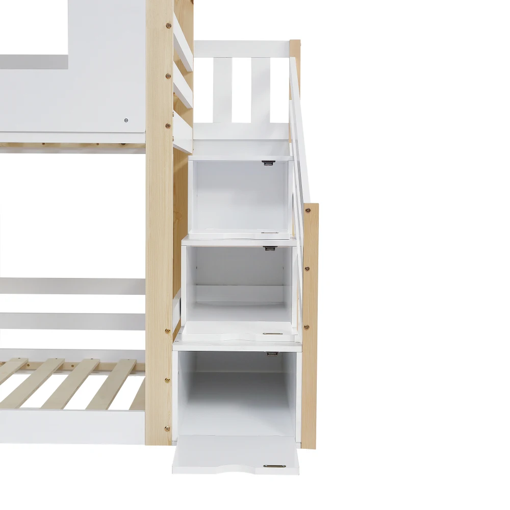 90 x 200 cm großes Etagenbett aus Kiefernholz und MDF – mit Stauraumtreppe, Fallschirmgitter, Fenster- und Dachdesign, weiß und natürliches Finish für Schlafzimmer – Detail 28
