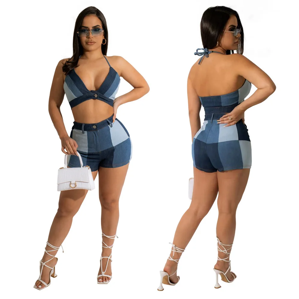 European and American women's new large plaid sling tube top waist sleeveless shorts two-piece set women sleeveless strappy y2k crop top solid color camisoles sling tank tops summer slim fit vests going out top streetwear