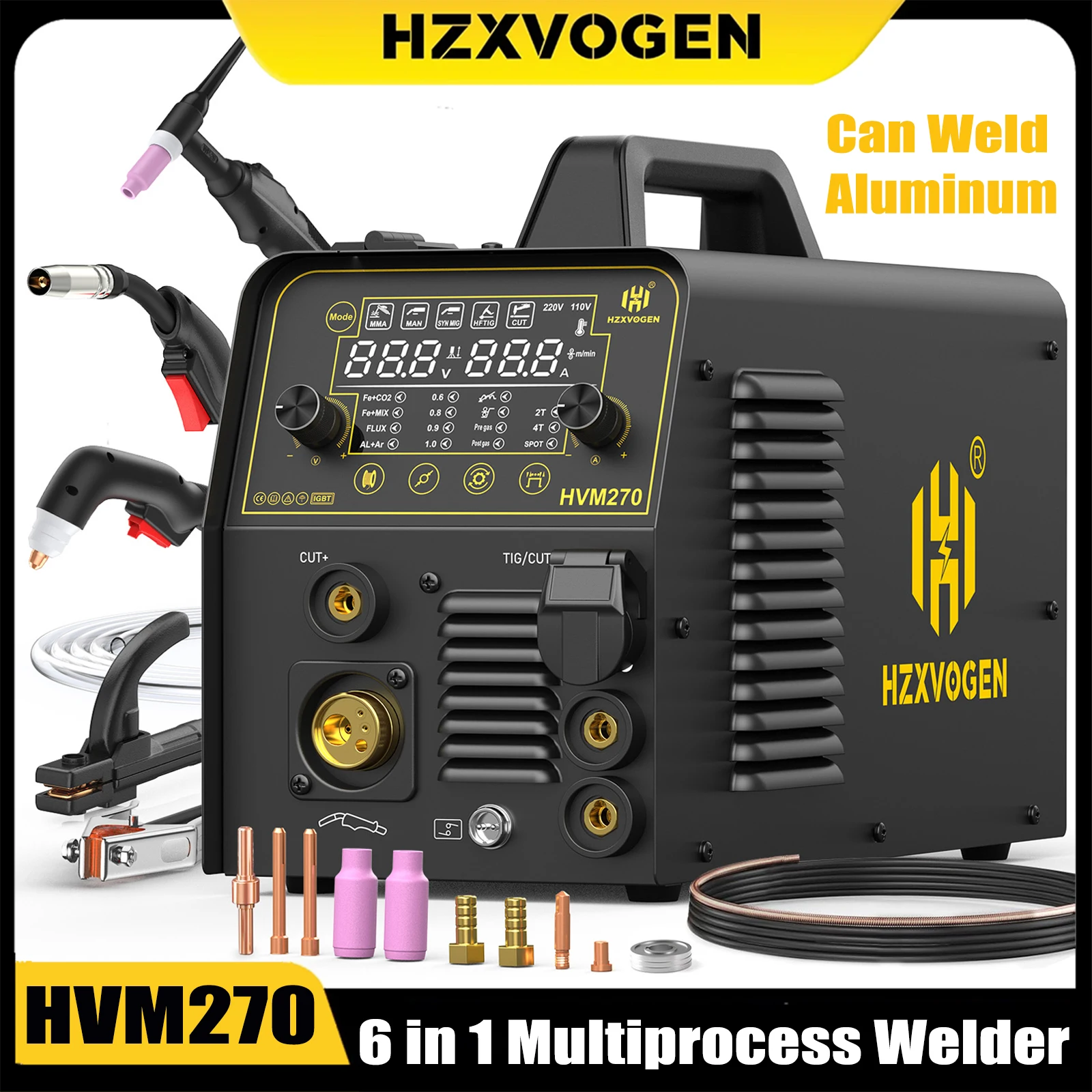 HZXVOGEN 270Amps 6 in 1 Aluminum Welding Machine ARC/Gasless MIG/Gas MIG/HF TIG/Spot Welder/Plasma Cutting/2/4T Synergic Control