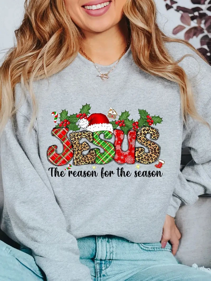 Christmas Jesus Print Sweatshirt, Casual Long Sleeve Crew Neck Sweatshirt, Women's Clothing
