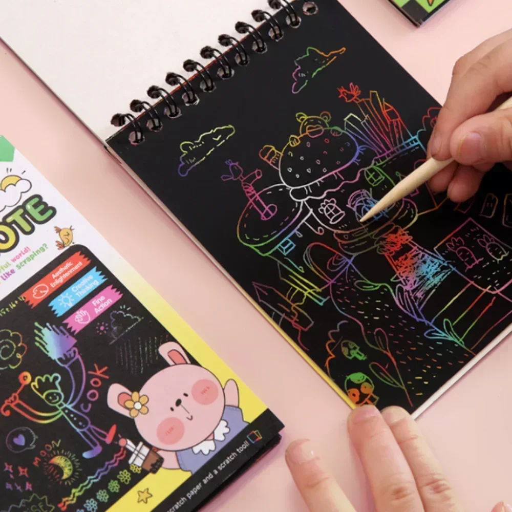 Rainbow Art Paper Rainbow Scratch Paper Children's Art Book Black Card Neon Scratch Book with Wood Stick Kids DIY Drawing Toy educational toys,drawing toy,educational drawing toy,scratch off paper set