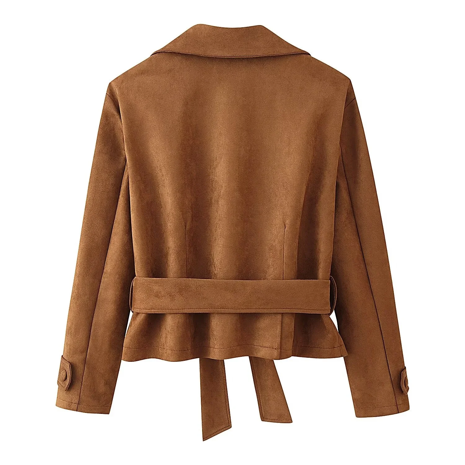 Women Brown Suede Short Jacket Female Fashion Turn-Down Collar Long Sleeved Coat Double Breasted With Belt High Street Outerwear
